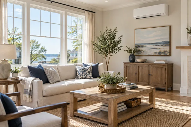 Illustrative living room with a ductless heating and cooling unit